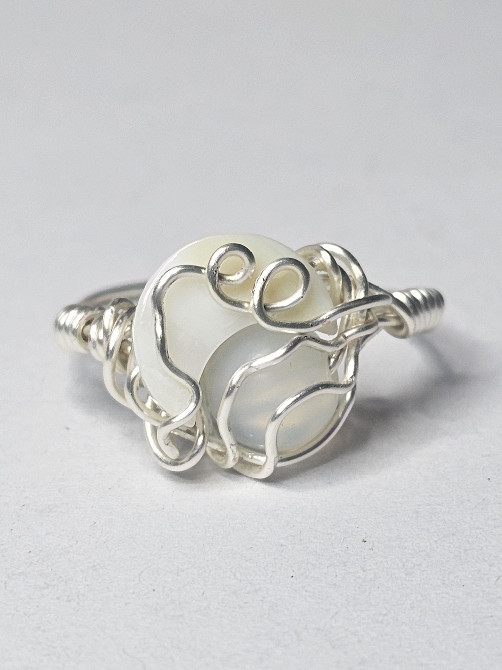 Handcrafted Silver Wire White Sea Moon Sea Shell Ring